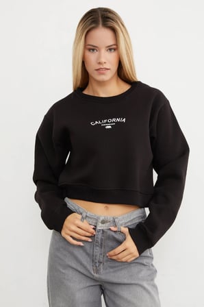 3 İplik California Yazı Baskılı Crop Sweatshirt