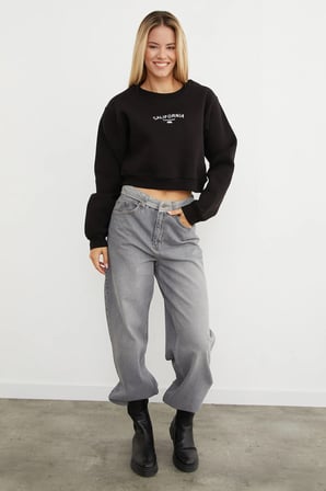 3 İplik California Yazı Baskılı Crop Sweatshirt