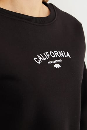 3 İplik California Yazı Baskılı Crop Sweatshirt