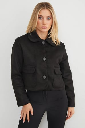 Çift Cepli Süet Polo Yaka Crop Ceket