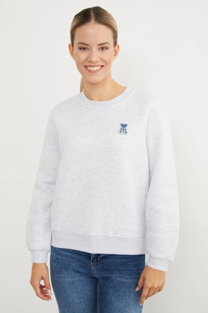 3 İplik Taş İşlemeli Ayıcık Nakışlı Sweatshirt