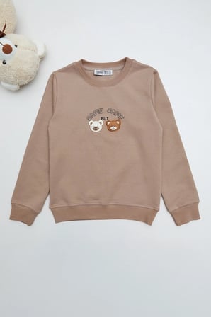 Ayıcık Nakışlı Bisiklet Yaka Kız Çocuk Sweatshirt