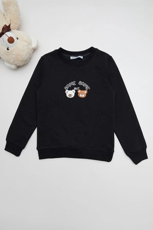 Ayıcık Nakışlı Bisiklet Yaka Kız Çocuk Sweatshirt