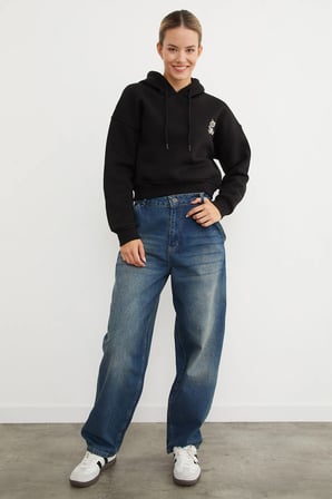 3 İplik Ayıcık Nakışlı Kapüşonlu Sweatshirt