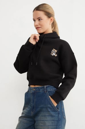 3 İplik Ayıcık Nakışlı Kapüşonlu Sweatshirt