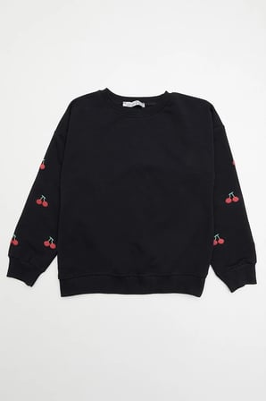 Kolları Kiraz Nakışlı Kız Çocuk Sweatshirt