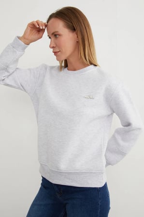 3 İplik Metal Aksesuarlı Bisiklet Yaka Sweatshirt
