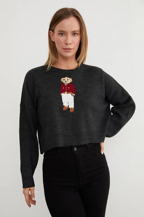 Ayıcık Nakışlı Oversize Crop Kazak