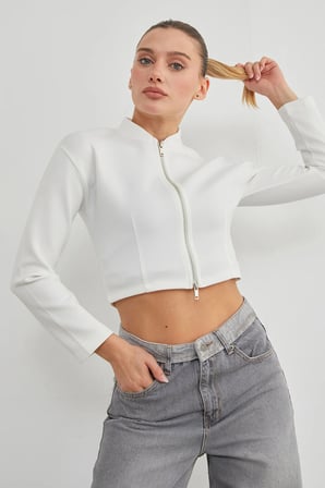 Fermuarlı Hakim Yaka Crop Spor Ceket