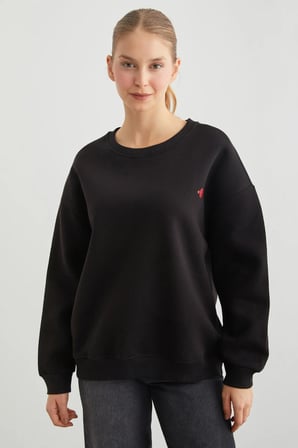 3 İplik Kalp Baskılı Bisiklet Yaka Sweatshirt