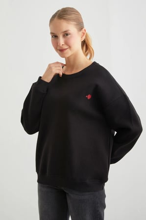 3 İplik Kalp Baskılı Bisiklet Yaka Sweatshirt
