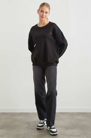 3 İplik Kalp Baskılı Bisiklet Yaka Sweatshirt
