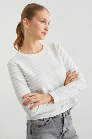 3 İplik Şardonsuz Çizgili Bisiklet Yaka Sweatshirt