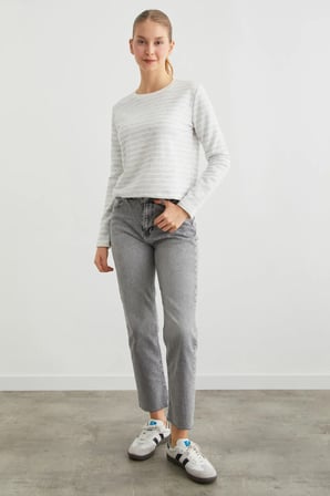 3 İplik Şardonsuz Çizgili Bisiklet Yaka Sweatshirt