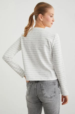 3 İplik Şardonsuz Çizgili Bisiklet Yaka Sweatshirt