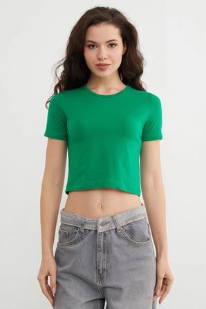 Basic Bisiklet Yaka Crop Tişört