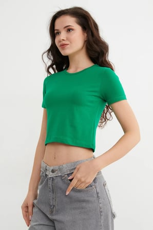 Basic Bisiklet Yaka Crop Tişört