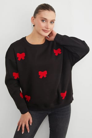 3 İplik Fiyonk Nakışlı Oversize Sweatshirt