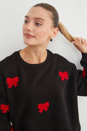 3 İplik Fiyonk Nakışlı Oversize Sweatshirt