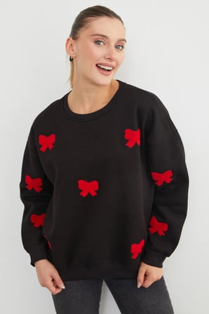 3 İplik Fiyonk Nakışlı Oversize Sweatshirt
