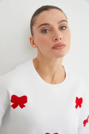 3 İplik Fiyonk Nakışlı Oversize Sweatshirt