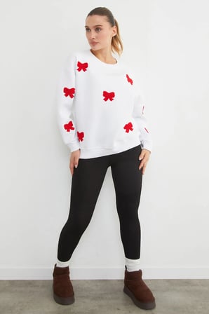 3 İplik Fiyonk Nakışlı Oversize Sweatshirt