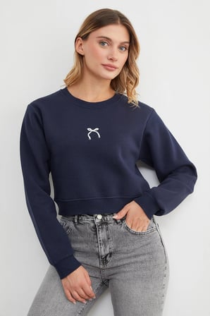 3 İplik Fiyonk Nakışlı Crop Sweatshirt