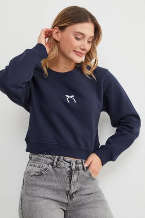 3 İplik Fiyonk Nakışlı Crop Sweatshirt