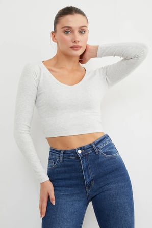 V Yaka Uzun Kol Crop Bluz