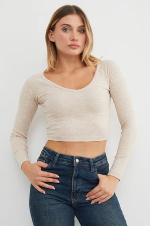 V Yaka Uzun Kol Crop Bluz