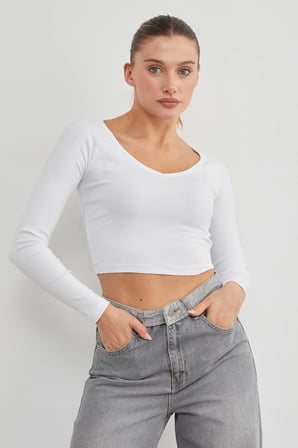 V Yaka Uzun Kol Crop Bluz