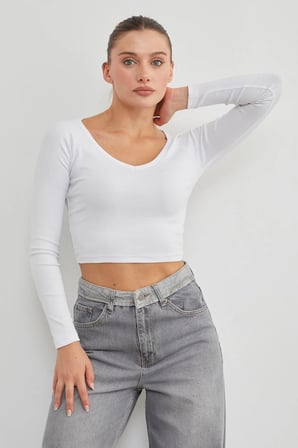 V Yaka Uzun Kol Crop Bluz