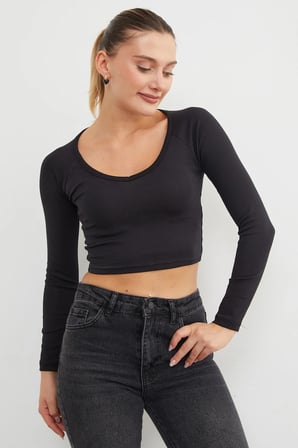 V Yaka Uzun Kol Crop Bluz