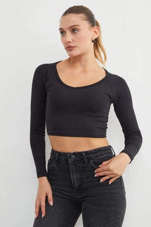V Yaka Uzun Kol Crop Bluz