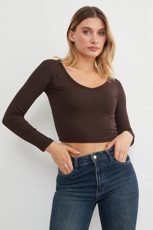 V Yaka Uzun Kol Crop Bluz