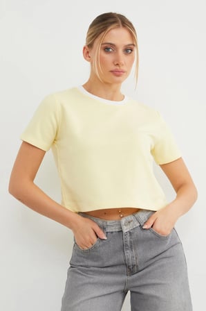 Basic Ribana Yaka Mevsimlik Crop Tişört