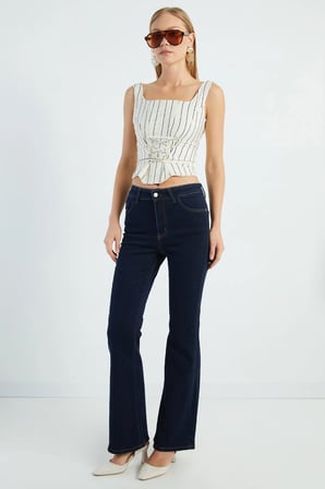 Yüksek Bel Likralı Flare Jean