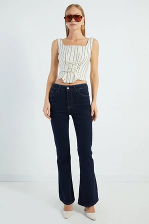 Yüksek Bel Likralı Flare Jean