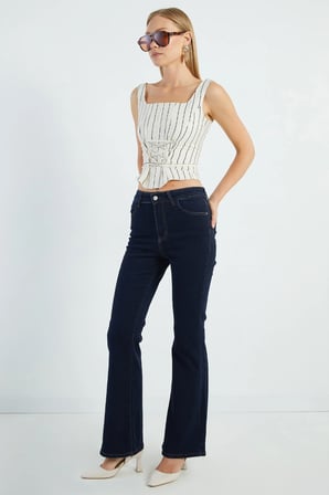 Yüksek Bel Likralı Flare Jean