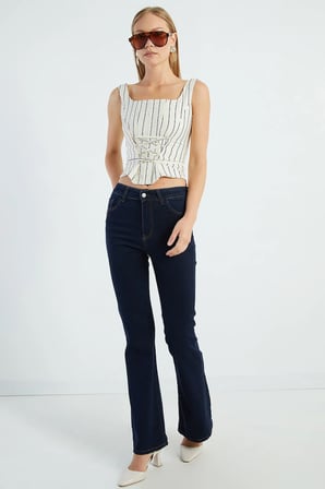 Yüksek Bel Likralı Flare Jean