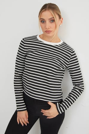 3 İplik Şardonsuz Çizgili Bisiklet Yaka Sweatshirt