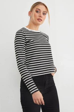 3 İplik Şardonsuz Çizgili Bisiklet Yaka Sweatshirt