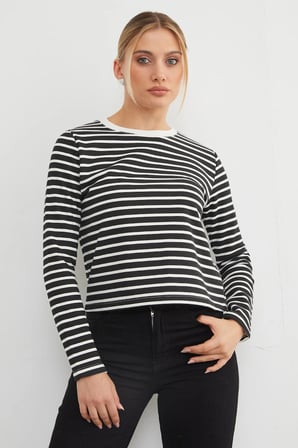 3 İplik Şardonsuz Çizgili Bisiklet Yaka Sweatshirt