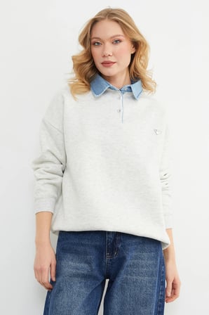 3 İplik Kot Garnili Metal Aksesuarlı Sweatshirt