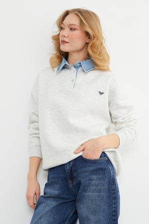 3 İplik Kot Garnili Metal Aksesuarlı Sweatshirt