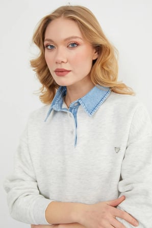 3 İplik Kot Garnili Metal Aksesuarlı Sweatshirt
