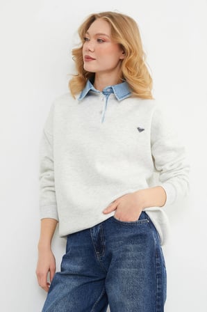 3 İplik Kot Garnili Metal Aksesuarlı Sweatshirt