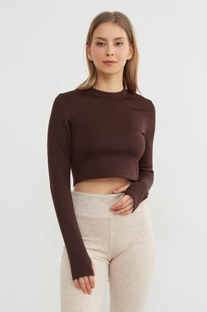 Basic Bisiklet Yaka Parmak Geçmeli Crop Bluz