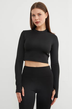 Basic Bisiklet Yaka Parmak Geçmeli Crop Bluz