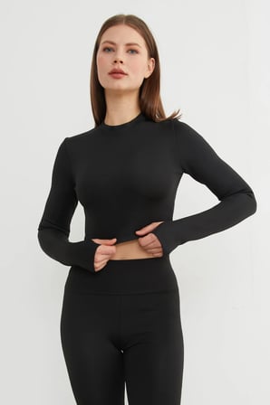 Basic Bisiklet Yaka Parmak Geçmeli Crop Bluz